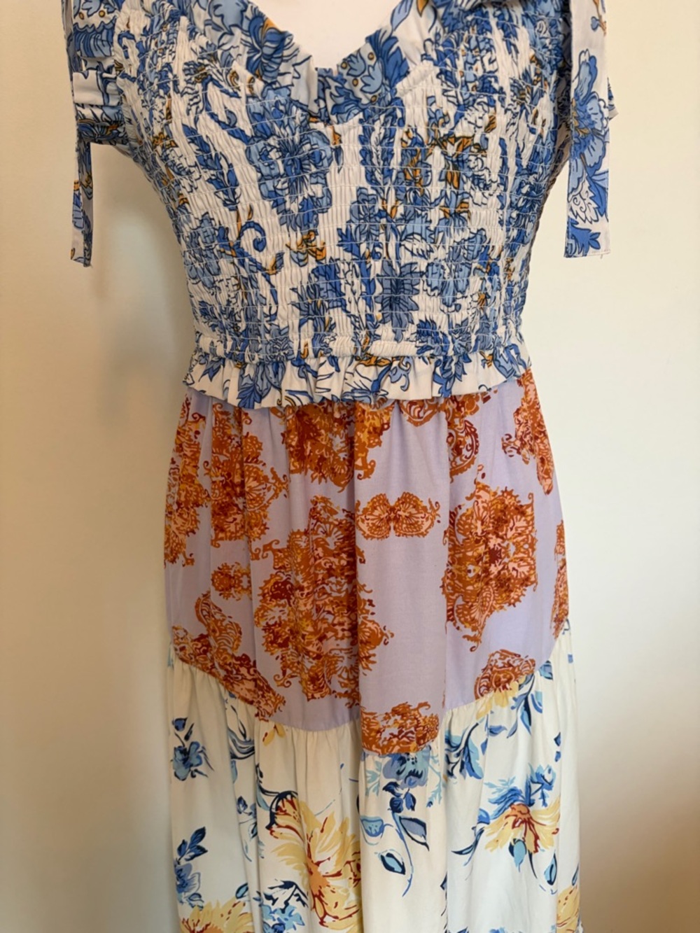 #548 Blue & Cream Mixed-Print Tiered Maxi Dress with Tie Straps - Picture 3 of 6